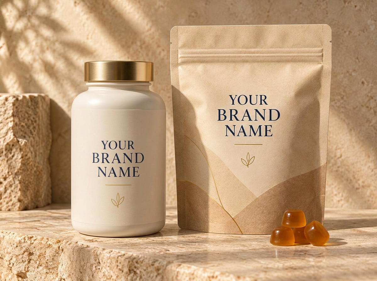 Premium private-label supplement bottle and gummies pouch, both labeled Your Brand Name